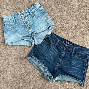 Hollister Bundle of 2 Dark Light Wash Raw Hem Button Fly High Rise Denim Shorts